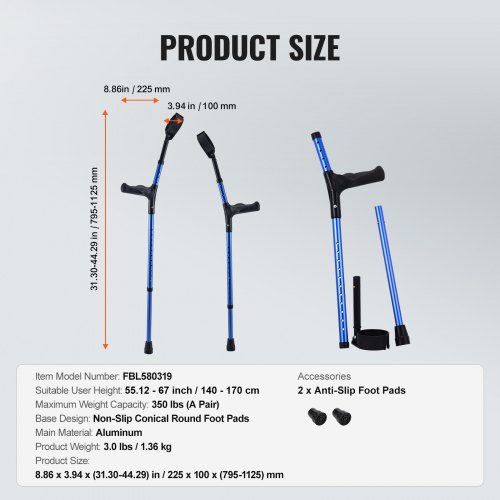 Underarmskrykker, Justerbar aluminium, 22.5x10x79.5-112.5 cm, Medicinsk støtte