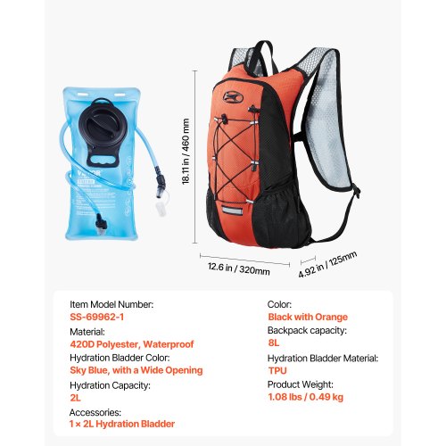 Hydreringsrygsæk, 2L TPU vandblære, 46x32x12,5 cm, sort, vandtæt polyester