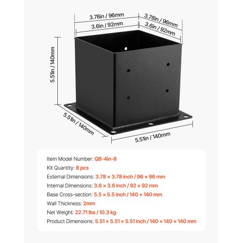 Tolppakiinnikkeet, 8 kpl, 92x92 mm, 140x140x140 mm, musta, hiiliteräs