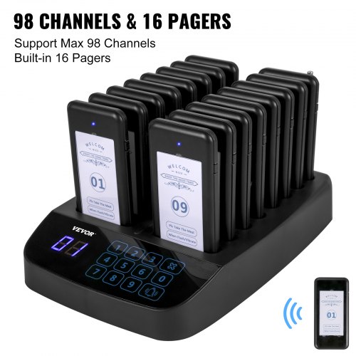 Trådløst personsøgersystem, 16 coaster personsøgere, 23,5x15,8x3,6 cm, touchskærm