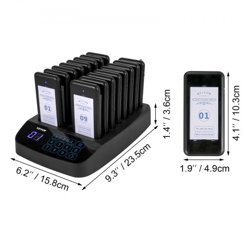 Trådløst personsøgersystem, 16 coaster personsøgere, 23,5x15,8x3,6 cm, touchskærm
