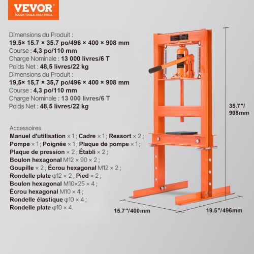 Hydraulisk værkstedspræser, 6 ton, 49,6x40x90,3 cm, stål