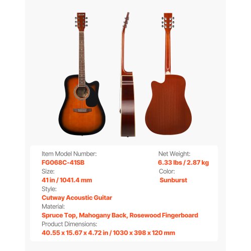 Akustisk guitar begynderpakke, 1030x398x120 mm, Sunburst, dæk af gran