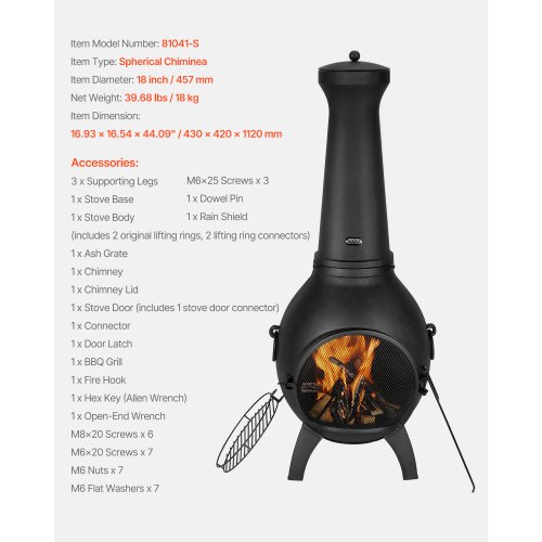 Chiminea, pallomainen ulkotulisija puun polttoon, 43x42x112 cm, musta