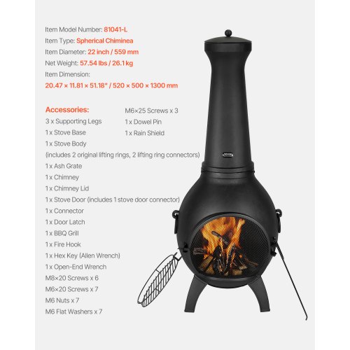 Chiminea, Kugleformet udendørs pejs, 52x50x130 cm, Sort, Aluminium