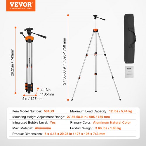 Laser-niveau stativ, 69,5x105x743 mm, aluminium, justerbar