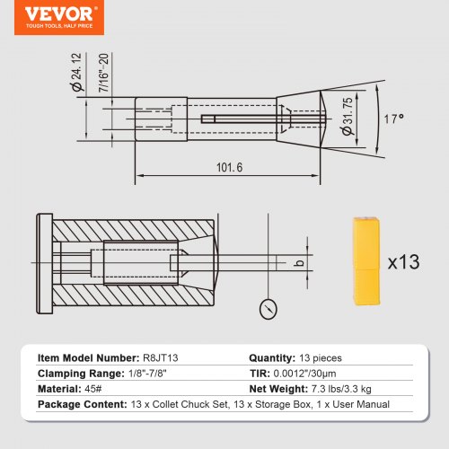 Collet-sæt, Præcision R8 13-dele, 32x103 mm, Opbevaringsboks, Stål