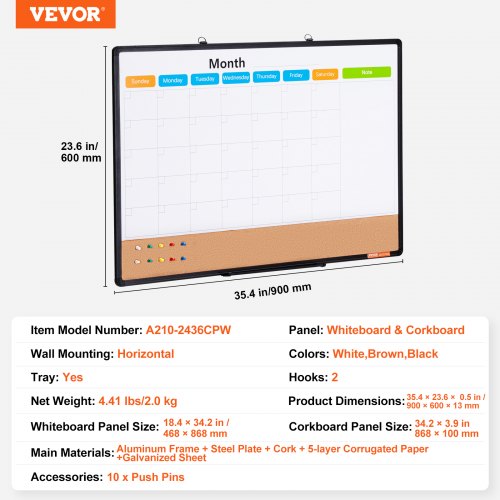 Månedskalender whiteboard og opslagstavle kombi, 60x90x1,3 cm, hvid brun sort, aluminiumsramme