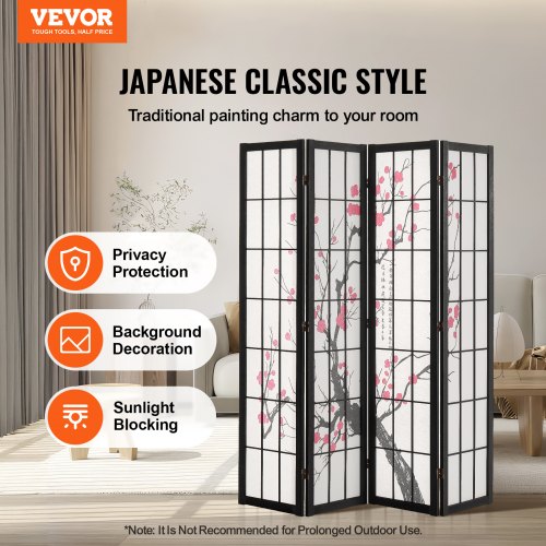 Rumdeler, 4-panel japansk foldevæg, 162x170x18,5 cm, sort, træ