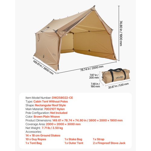 Camping Telt, 380x200x190 cm, Brun, Vandtæt 4-sæsons Ly