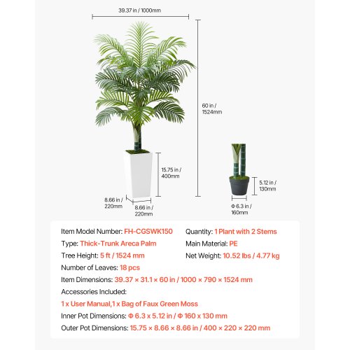Konstgjord Areca Palm, 100x79x155 cm, Vit, PE-material