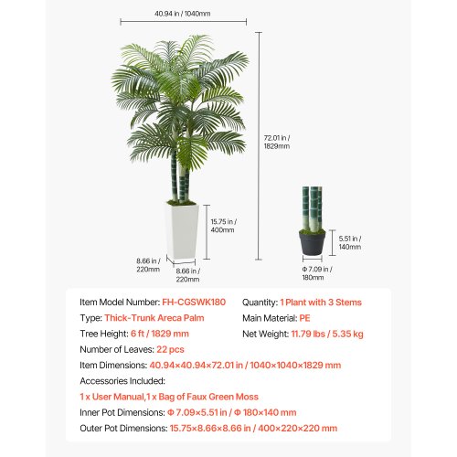 Kunstig Areca-palme, 1040x1040x1780 mm, Hvid, PE-materiale