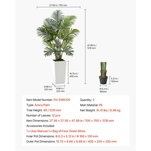 Tekokasvi Areca-palmu, 121,9 cm, 2 kpl, valkoinen ruukku, sisä- ja ulkokäyttöön