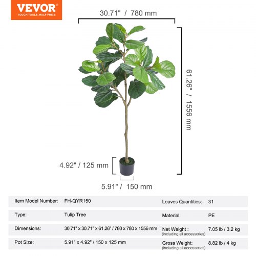 Kunstig Fiddle Leaf Fig Træ, 78x78x155,6 cm, Grøn, PE Materiale
