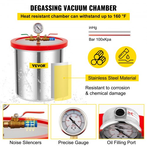 Vakuumkammer-sæt, 5 gallon, rustfrit stål, vakuumpumpe, afgasning