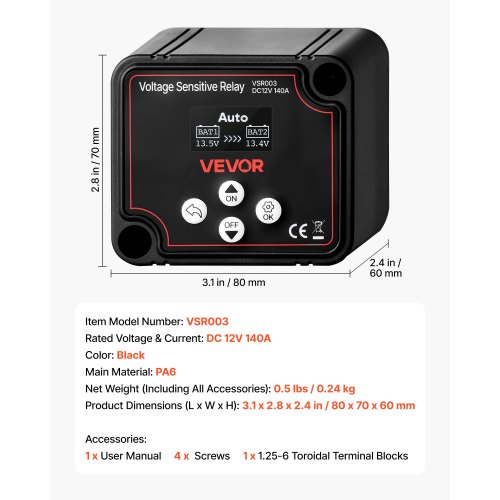 Batteriadskiller, 12V 140A Manuel og Automatisk VSR med LCD, 80x70x60 mm, Sort, spændingsstyring