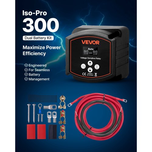 Batteriadskiller-sæt, 12V 300 Amp 90x90x80 mm, Sort, spændingsrelæ