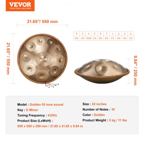 Handpan-trumma 55,9x55,9x25 cm Guld, Stålinstrument