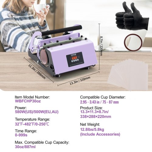 Tumbler-lämpöprässi, 311,8-850,5 g, violetti, sublimaatio