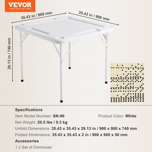 Mahjongbord, 90x90x74 cm, Vit, Fällbart