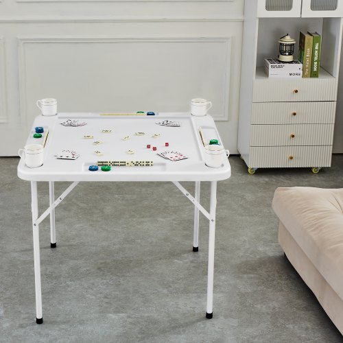 Mahjong-pöytä, 4 hengen taitettava pöytä, 90x90x74 cm, valkoinen