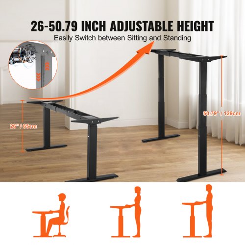 Stående skrivebordsstel, justerbar højde 65-129 cm, sort, dobbelt motor