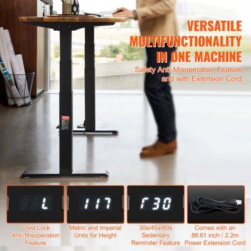 Stående skrivebordsstel, justerbar højde 65-129 cm, sort, dobbelt motor