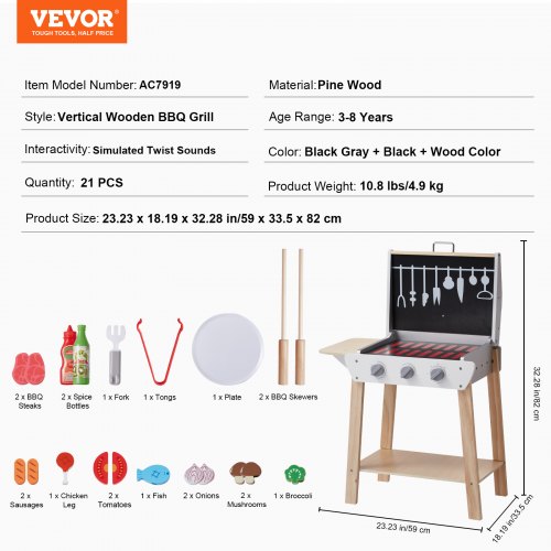 Legegrill, Træ Legegrill Sæt 59x33.5x82 cm, Sort, Træ, Rollespil