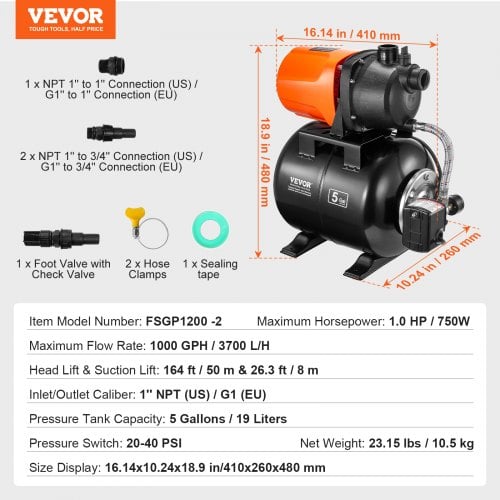 Brøndpumpe med tryktank, 50 m løftehøjde, 20/40 PSI, termoplastisk hoved, til vanding
