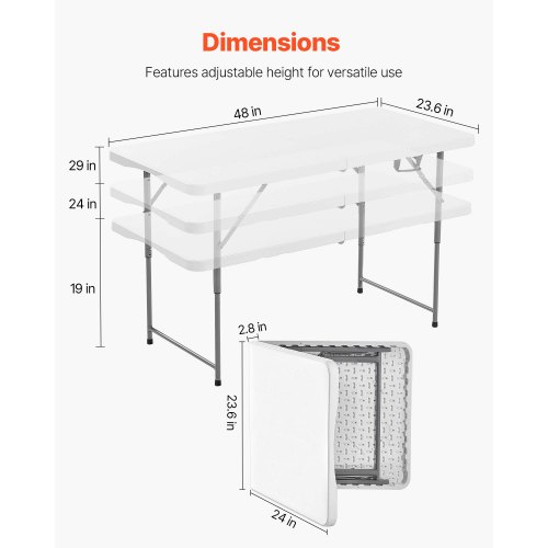 Sammenklappeligt bord, 122x60x48/61/74 cm, Hvid, Justerbar højde