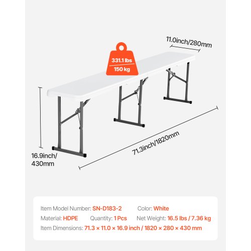 Taitettava penkki, 182x28x43 cm, valkoinen, HDPE