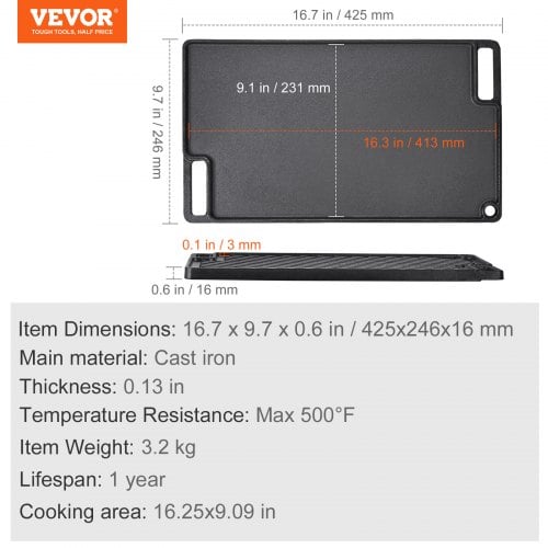Stekhäll, Vändbar gjutjärnsstekhäll 24,6x42,5x1,6 cm, Svart, Non-stick kokkärl