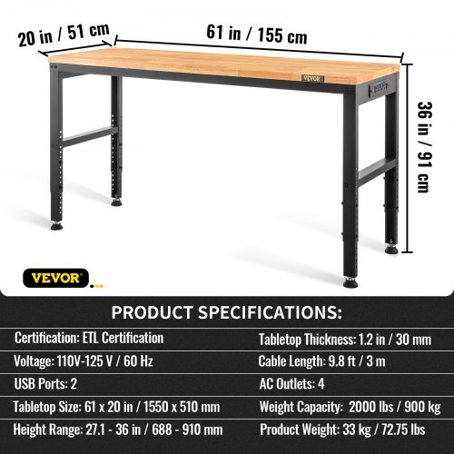 Työpöytä, Säädettävä korkeus, 154.9x50.8x91 cm, Ruskea, Pistorasia, Teräs