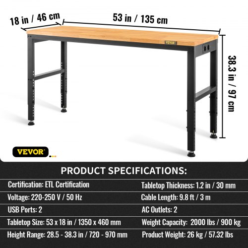 Arbejdsbord, 135x46x97 cm, Brun, Justerbar højde, Hårdttræ, Metal