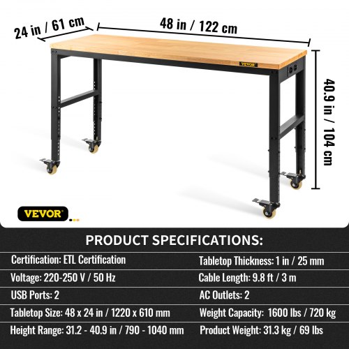 Arbejdsbord, 122x61x104 cm, Brun, Justerbar Højde Metalstel