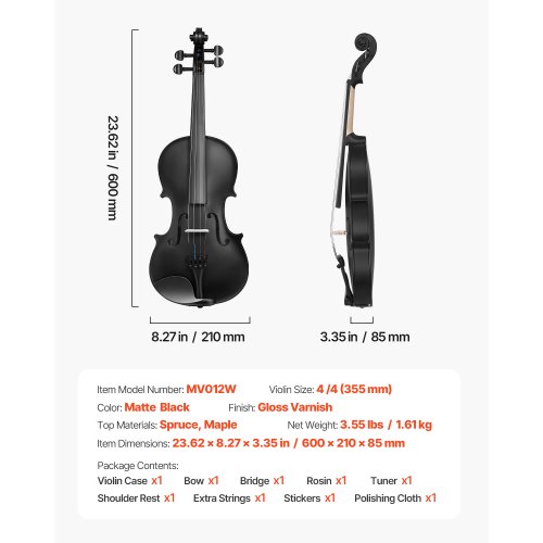 Violinsæt 355 mm 4/4, 60x21x8,5 cm, sort, massivt træ