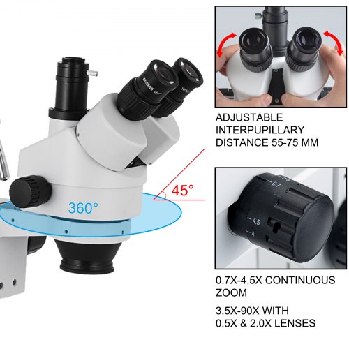 Stereo mikroskop 3,5X-90X, trinokulær, dobbeltarmet, justerbar bom