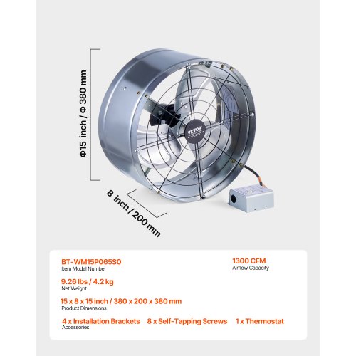 Gavlmonteret ventilator, 38x20x38 cm, galvaniseret, justerbar termostat