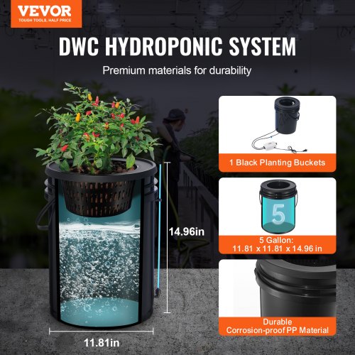 Hydroponisk dyrkningssystem, 5-gallon deep water culture, 30x30x38 cm, sort, PP-materiale