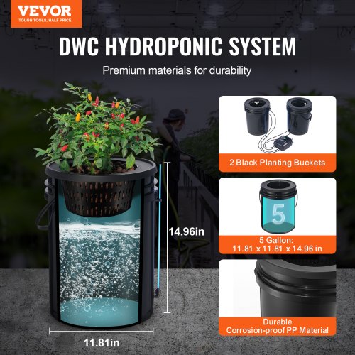 Hydroponisk dyrkningssystem, Deep Water Culture 30x30x38 cm, sort, 2 spande