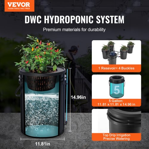 Hydroponisk system, recirkulerende Deep Water Culture 4 spande, 30x30x38 cm, sort, PP-materiale