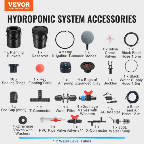 Hydroponisk system, recirkulerende Deep Water Culture 4 spande, 30x30x38 cm, sort, PP-materiale