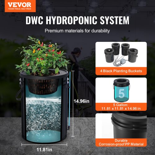 Hydroponisk dyrkningssystem, Deep Water Culture 4 spande 30x30x38 cm, Sort, PP-materiale