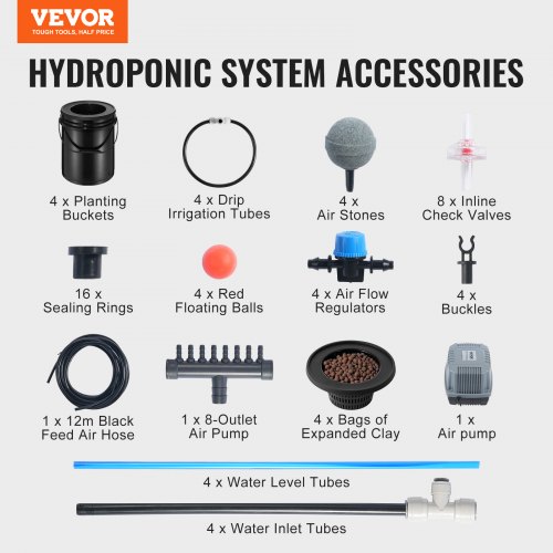 Hydroponisk dyrkningssystem, Deep Water Culture 4 spande 30x30x38 cm, Sort, PP-materiale