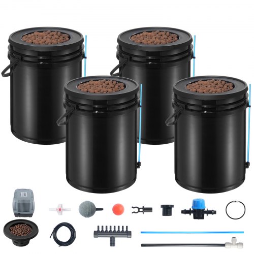 Hydroponisk dyrkningssystem, Deep Water Culture 4 spande 30x30x38 cm, Sort, PP-materiale
