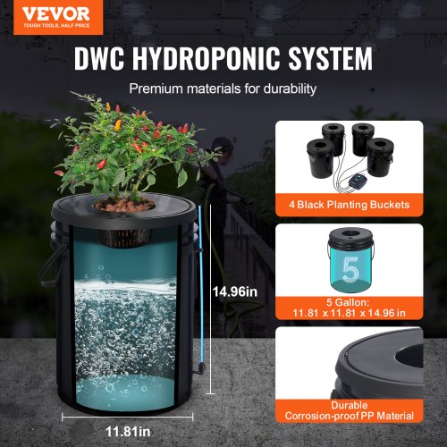 Hydroponisk dyrkningssystem, Deep Water Culture 4 spande, 30x30x38 cm, sort, PP-materiale