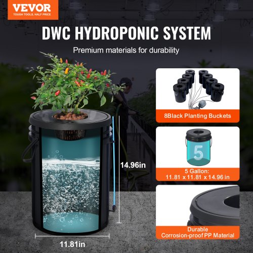 Hydroponisk dyrkningssystem, Deep Water Culture 8 spande, 30x30x38 cm, sort, PP materiale
