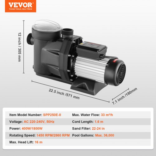 Poolpumpe, 2 HK dobbelt hastighed til overjordisk, energibesparende, 220V-240V, kraftfuld