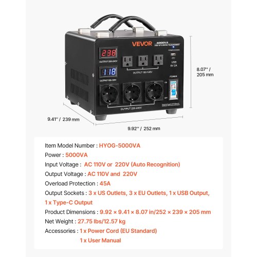 Spændingsomformer, 5000VA kraftig step up/down transformer, LCD display, metal