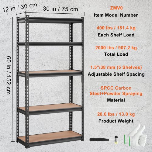 Opbevaringsreol, 75x30x152 cm, Sort, Metal, Justerbar
